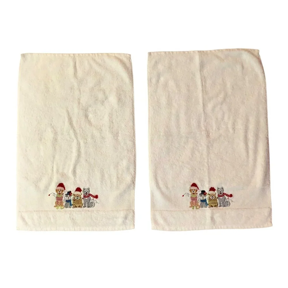 Jingles & Joy Hand Towels Set of 2 Used Christmas Dogs Embroidered
